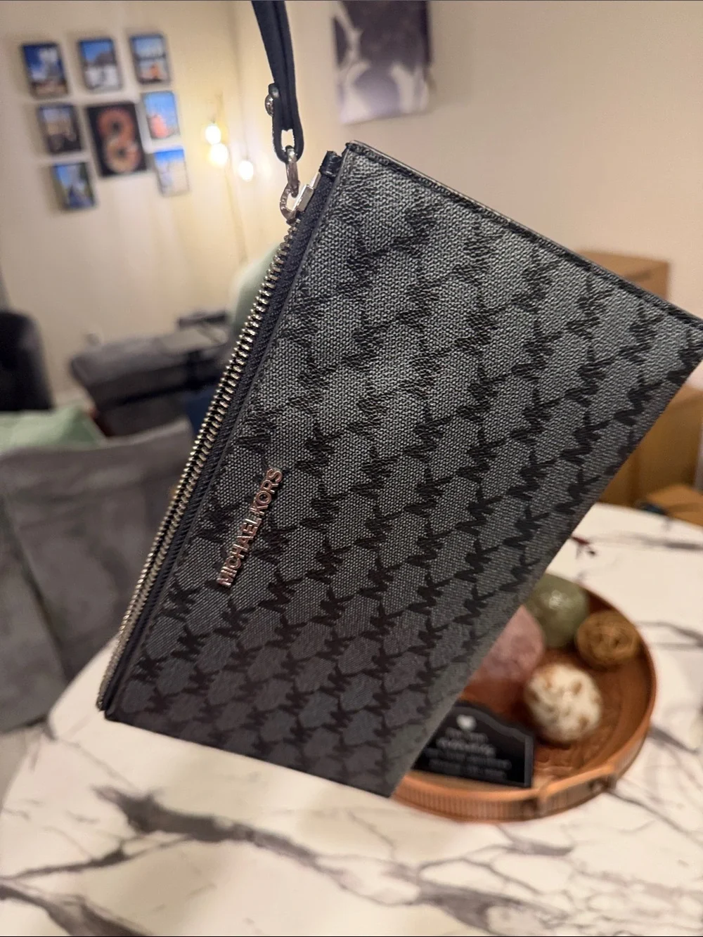 Michael Kors Gray & Black MK Logo Zip Pouch